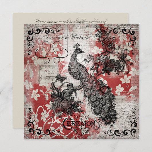 Red Floral Peacock Wedding Invitation Kaart (Voorkant / Achterkant)