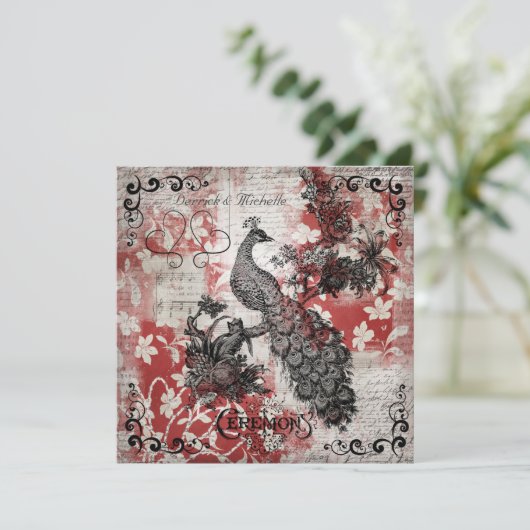 Red Floral Peacock Wedding Invitation Kaart (Staand voorkant)