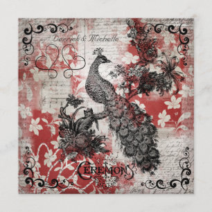 Red Floral Peacock Wedding Invitation Kaart