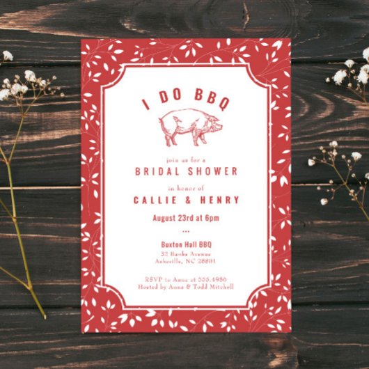 Red Floral Pig I DO BBQ Bridal Shower Kaart
