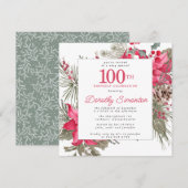 Red Floral Poinsettia 100th Birthday Party Square Kaart (Voorkant / Achterkant)
