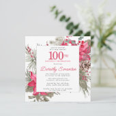 Red Floral Poinsettia 100th Birthday Party Square Kaart (Staand voorkant)