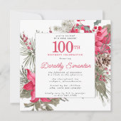Red Floral Poinsettia 100th Birthday Party Square Kaart (Voorkant)
