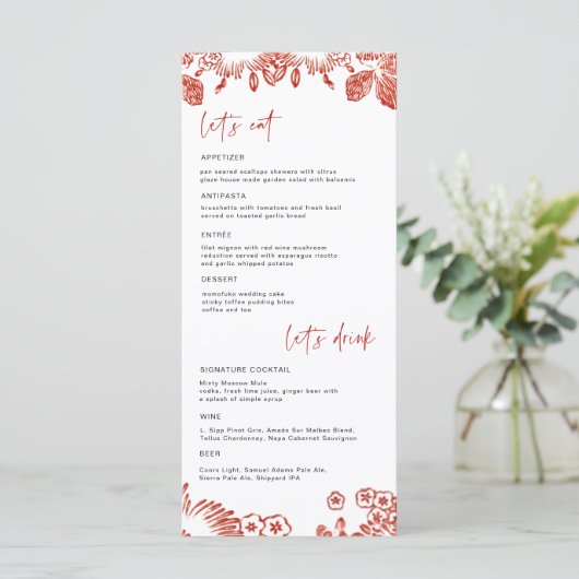 Red Floral Portugal Keramisch | Bruiloft Menu (Staand voorkant)