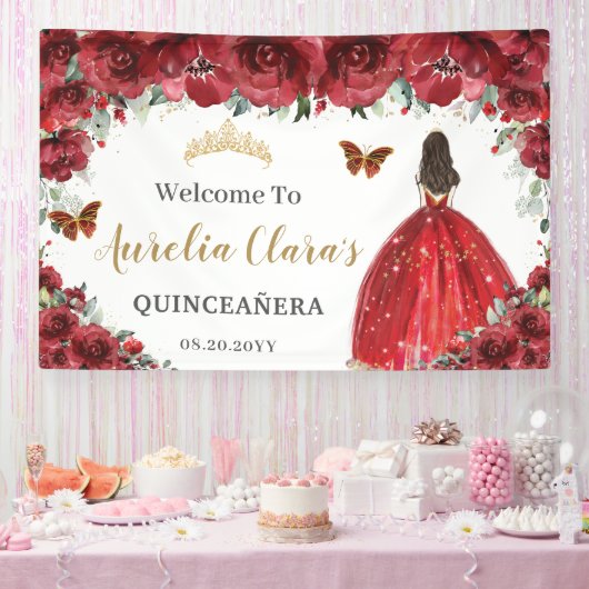 Red Floral Princess Gold Quinceañera Achtergrond Spandoek (Feest)
