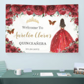 Red Floral Princess Gold Quinceañera Achtergrond Spandoek (Beurs)
