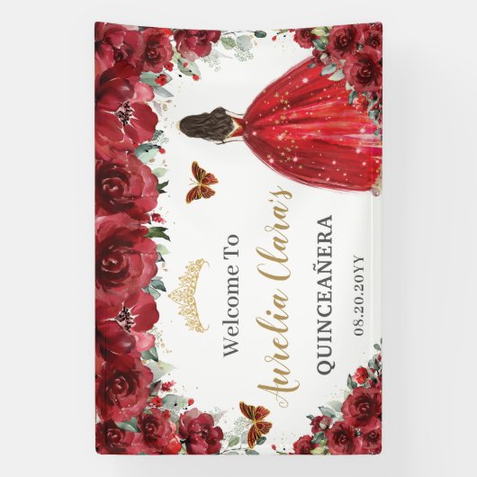 Red Floral Princess Gold Quinceañera Achtergrond Spandoek (Verticaal)