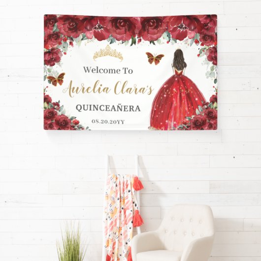 Red Floral Princess Gold Quinceañera Achtergrond Spandoek (Insitu)