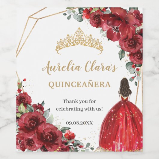 Red Floral Princess Gold Quinceañera Birthday Wijn Etiket (Enkel label)