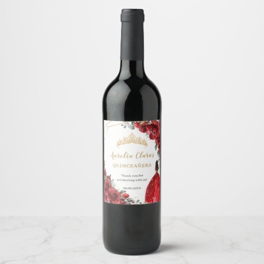 Red Floral Princess Gold Quinceañera Birthday Wijn Etiket (Voorkant)