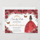 Red Floral Princess Gold Quinceañera Save the Date (Voorkant)