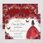 Red Floral Princess Gold Quinceañera Save the Date (Voorkant / Achterkant)