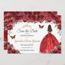 Red Floral Princess Gold Quinceañera Save the Date