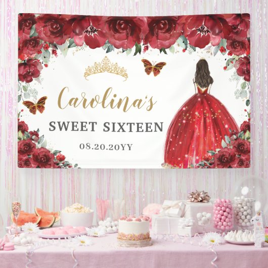 Red Floral Princess Gold Sweet Sixteen 16 achtergr Spandoek (Feest)