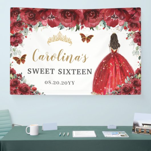 Red Floral Princess Gold Sweet Sixteen 16 achtergr Spandoek (Beurs)