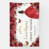 Red Floral Princess Gold Sweet Sixteen 16 achtergr Spandoek (Verticaal)
