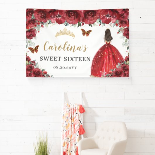 Red Floral Princess Gold Sweet Sixteen 16 achtergr Spandoek (Insitu)