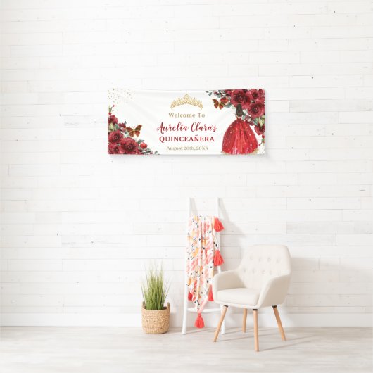 Red Floral Princess Quinceañera Welkomstachtergron Spandoek (Insitu)