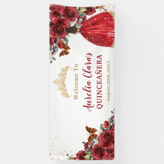 Red Floral Princess Quinceañera Welkomstachtergron Spandoek (Verticaal)
