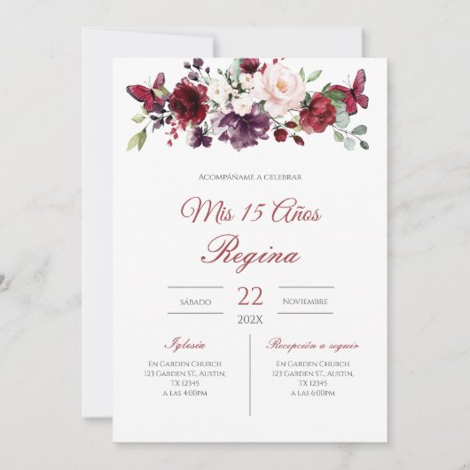 Red Floral Quinceañera Invitation Spanish Kaart (Voorkant)
