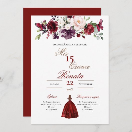 Red Floral Quinceañera Invitation Spanish  Kaart (Voorkant / Achterkant)
