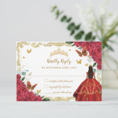 Red Floral Quinceañera Princess Crown  Gold RSVP Kaartje (Staand voorkant)