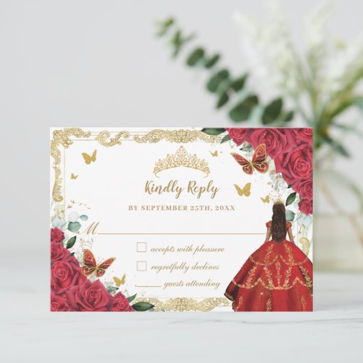 Red Floral Quinceañera Princess Crown  Gold RSVP Kaartje (Staand voorkant)