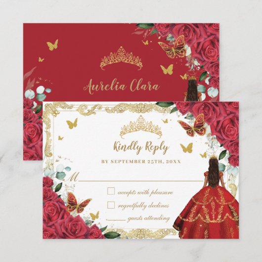 Red Floral Quinceañera Princess Crown  Gold RSVP Kaartje (Voorkant / Achterkant)