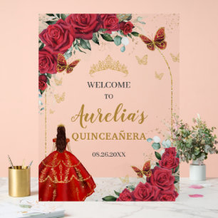 Red Floral Quinceañera Princess Gold Butterflies Acryl Bord