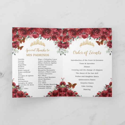 Red Floral Quinceanera Princess Padrinos Events Programma (Binnen)