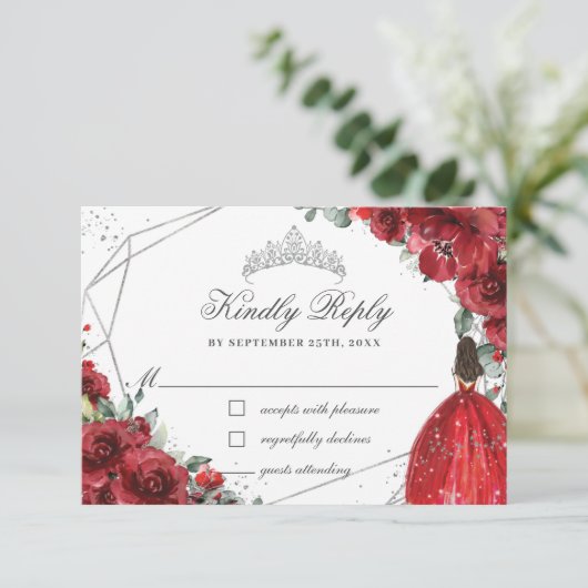 Red Floral Quinceañera Silver Tiara Princess Dress RSVP Kaartje (Staand voorkant)