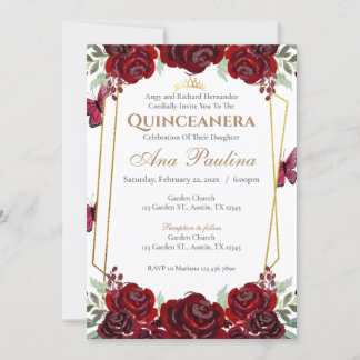 Red Floral Quinceañera Uitnodiging