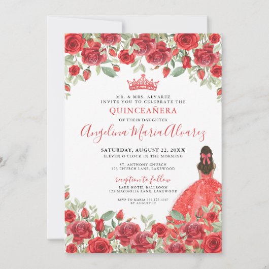 Red Floral Quinceanera Uitnodiging (Voorkant)