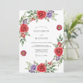 Red Floral Romantic Wedding Kaart (Staand voorkant)