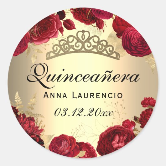 Red Floral Rozen Gold Quinceanera Ronde Sticker (Voorkant)