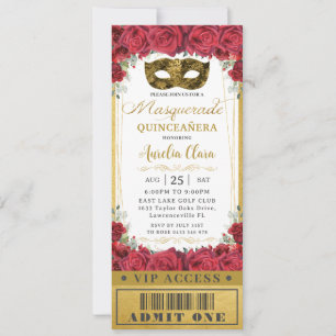 Red Floral Rozen Quinceañera Masquerade VIP Ticket Kaart