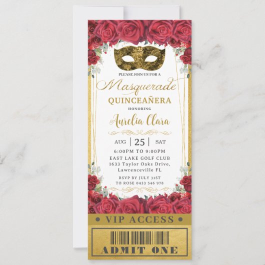 Red Floral Rozen Quinceañera Masquerade VIP Ticket Kaart (Voorkant)