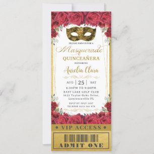 Red Floral Rozen Quinceañera Masquerade VIP Ticket Kaart
