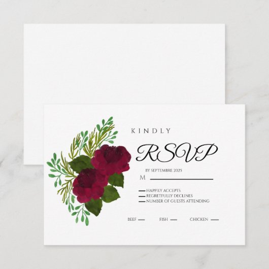 Red Floral RSVP Card – Elegant Wedding Response Kaartje (Voorkant / Achterkant)