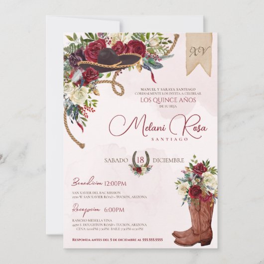 Red Floral Rustic Charro Spain Quinceanera Kaart (Voorkant)