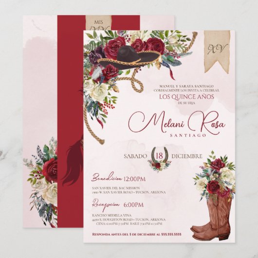 Red Floral Rustic Charro Spain Quinceanera Kaart (Voorkant / Achterkant)
