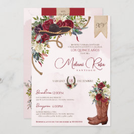 Red Floral Rustic Charro Spain Quinceanera Kaart