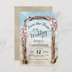 Red Floral Rustic Driftwood Beach Arbor Wedding Save The Date