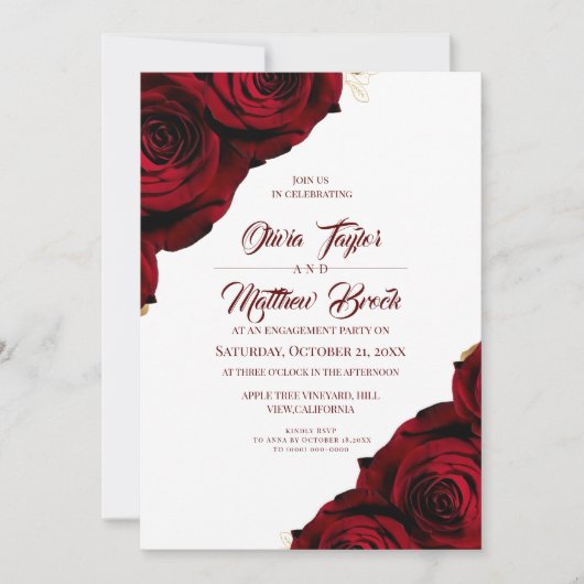 Red Floral Rustic Engagement Party   Kaart (Voorkant)