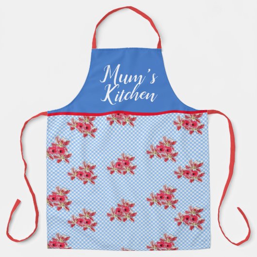 Red Floral Shabby Chic Blue Gingham Kitchen A Schort (Voorkant)