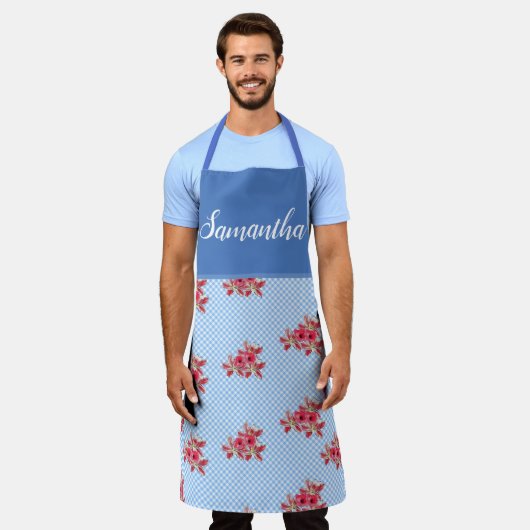 Red Floral Shabby Chic Blue Gingham Lily Kitchen A Schort (Gedragen)