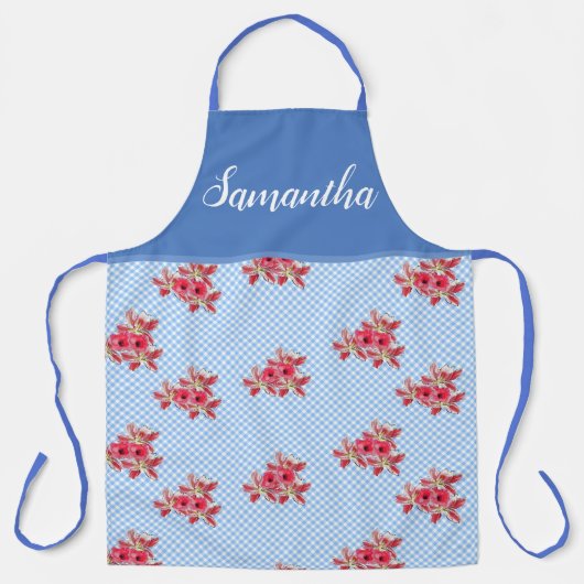 Red Floral Shabby Chic Blue Gingham Lily Kitchen A Schort (Voorkant)