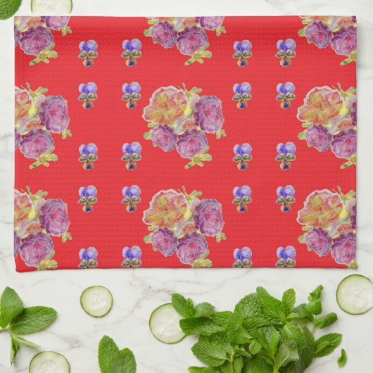 Red Floral Shabby Chic Rozen Roos Mums Kitchen Apr Theedoek (Gevouwen)