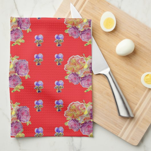 Red Floral Shabby Chic Rozen Roos Mums Kitchen Apr Theedoek (Quarter Fold)