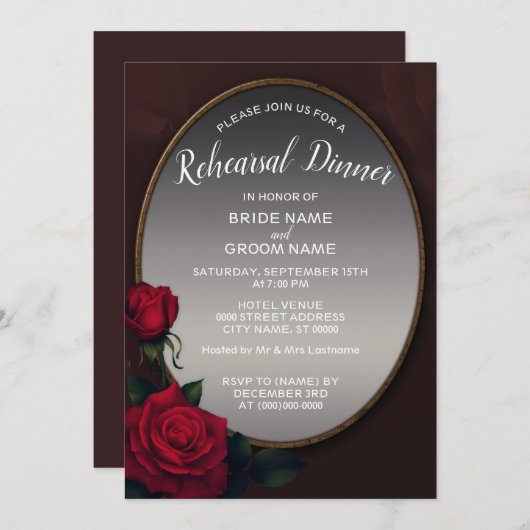 Red Floral Silver Grey Mirror Rehearsal Dinner Kaart (Voorkant / Achterkant)